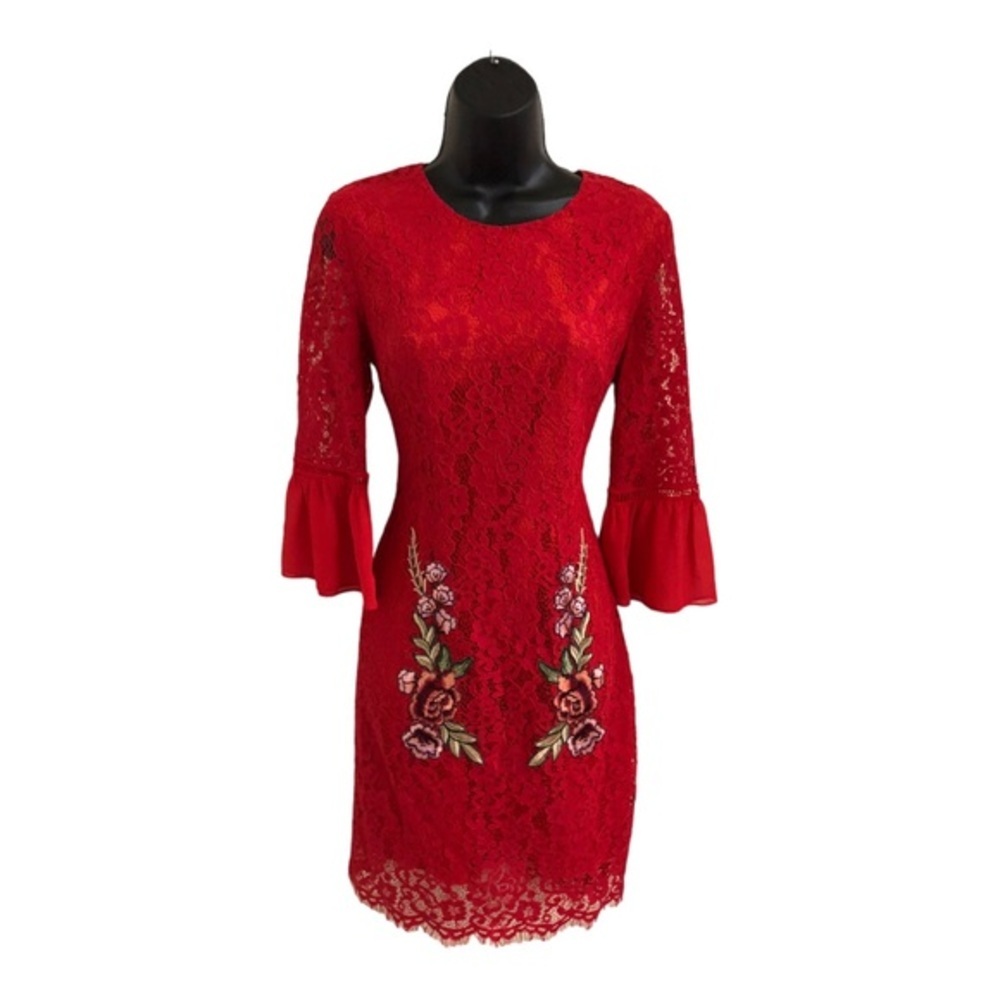 Ava Rose red lace peplum bell sleeve embroidered fitted sheath dress size small - Picture 6 of 12